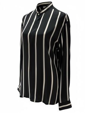Bocci 100% Pure Silk Black White Striped Blouse Minimalist Career Top Size Med